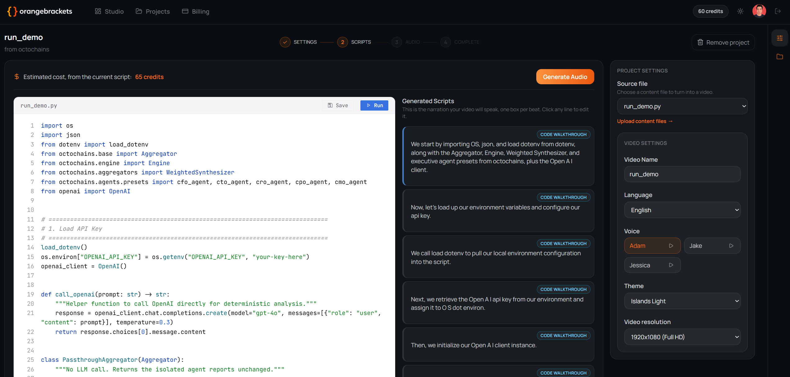 Scripts step: narration drafted from the source code, editable line by line next to it